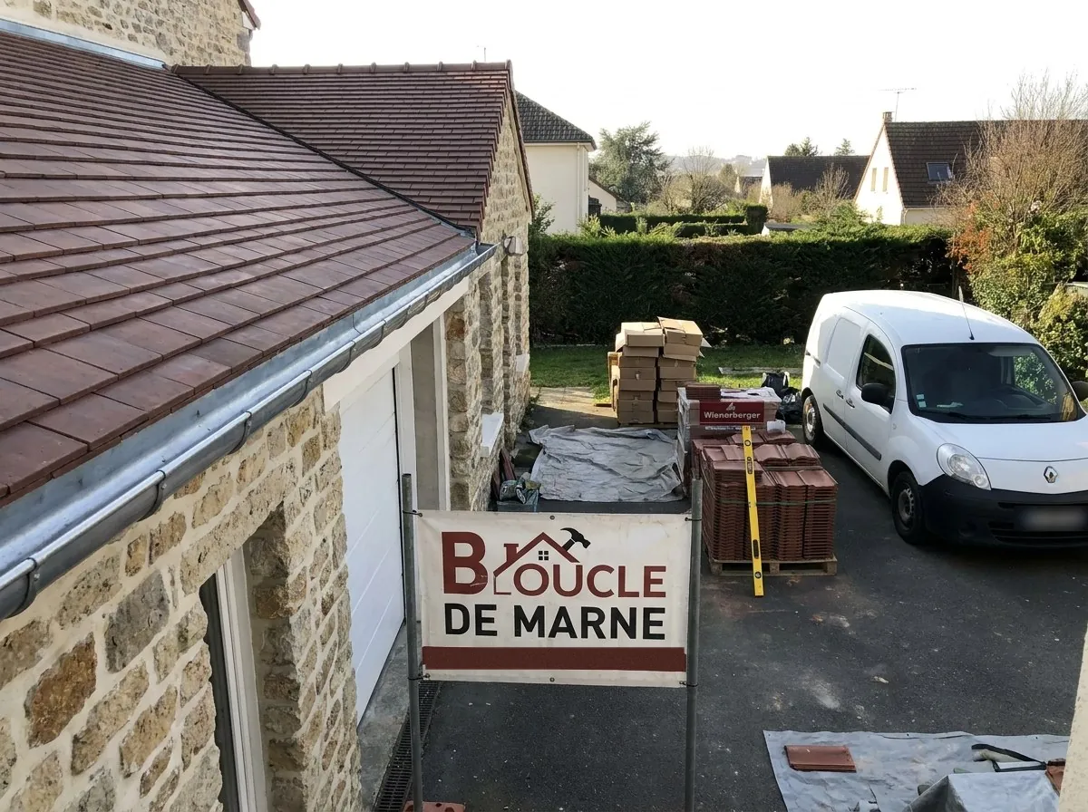 Toiture en tuiles plates terminée avec gouttière zinc neuve sur une maison en meulière, panneau de chantier de l'Atelier Boucle de Marne